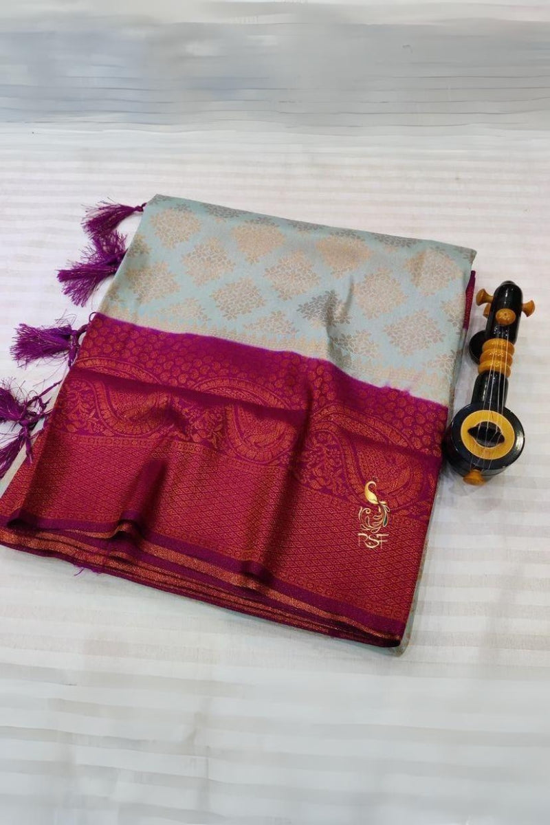 Panoply Grey Soft Banarasi Silk Saree With Beautiful Blouse Piece