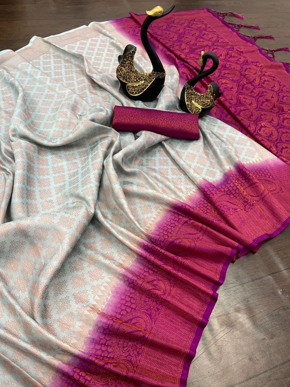 Panoply Grey Soft Banarasi Silk Saree With Beautiful Blouse Piece