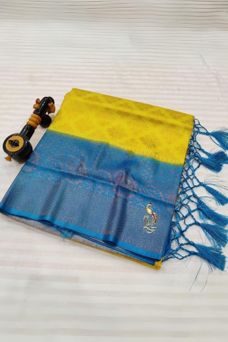 Palimpsest Lemon Soft Banarasi Silk Saree With Captivating Blouse Piece