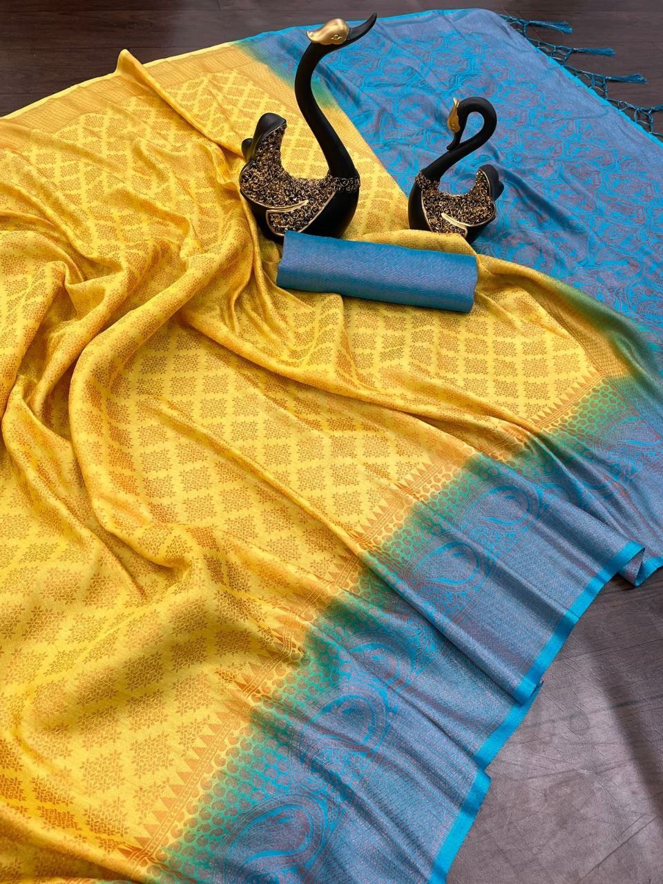 Palimpsest Lemon Soft Banarasi Silk Saree With Captivating Blouse Piece