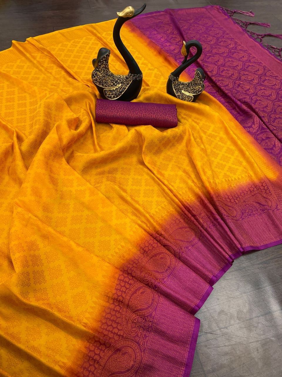 Nemesis Mustard Soft Banarasi Silk Saree With Admirable Blouse Piece