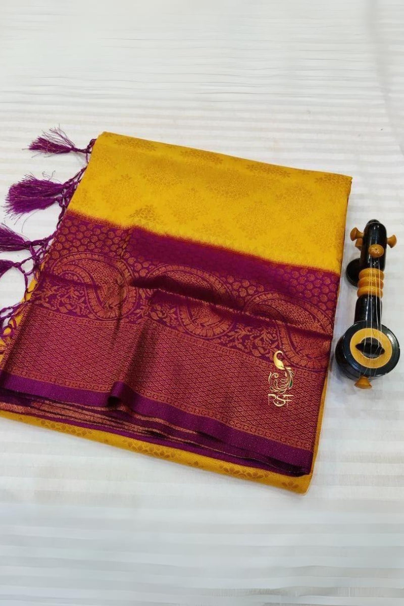 Murmurous Yellow Soft Banarasi Silk Saree With Moiety Blouse Piece