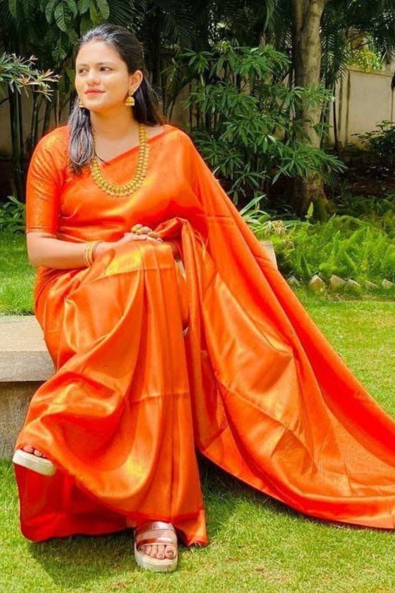 Forbearance Orange Kanjivaram Silk Saree With Diaphanous Blouse Piece