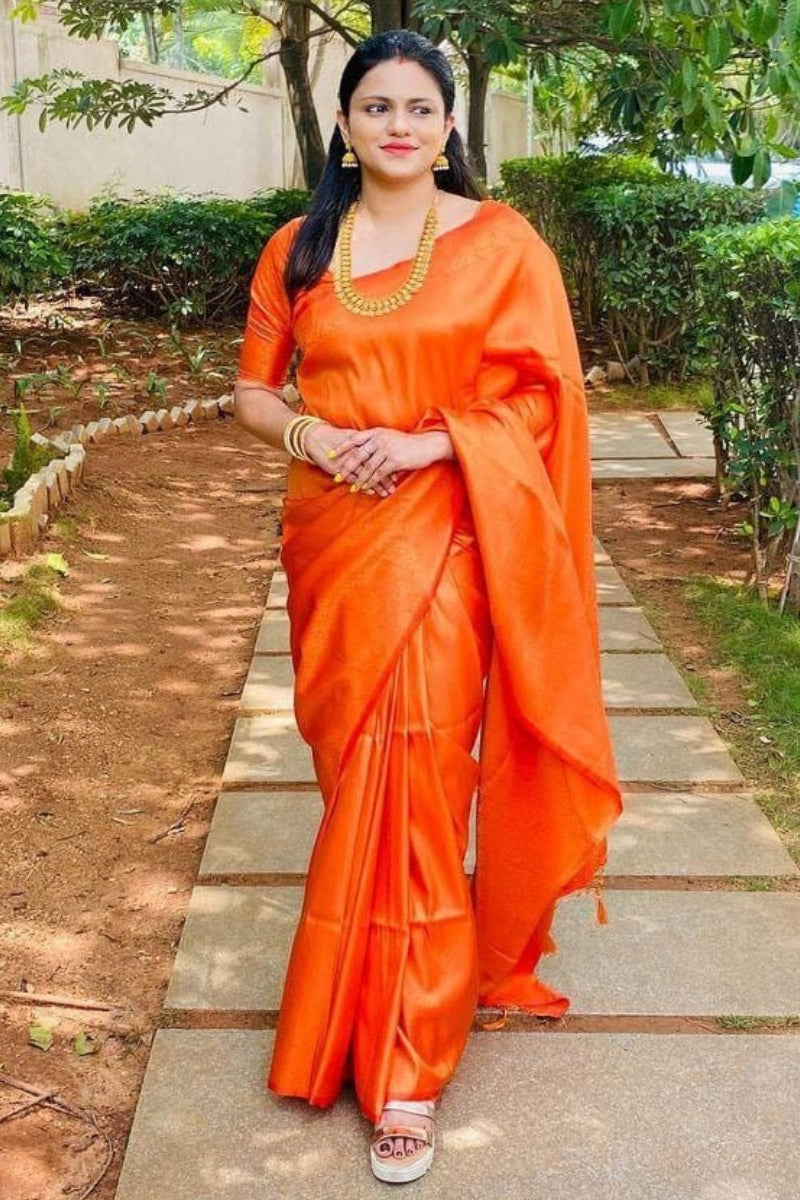 Forbearance Orange Kanjivaram Silk Saree With Diaphanous Blouse Piece