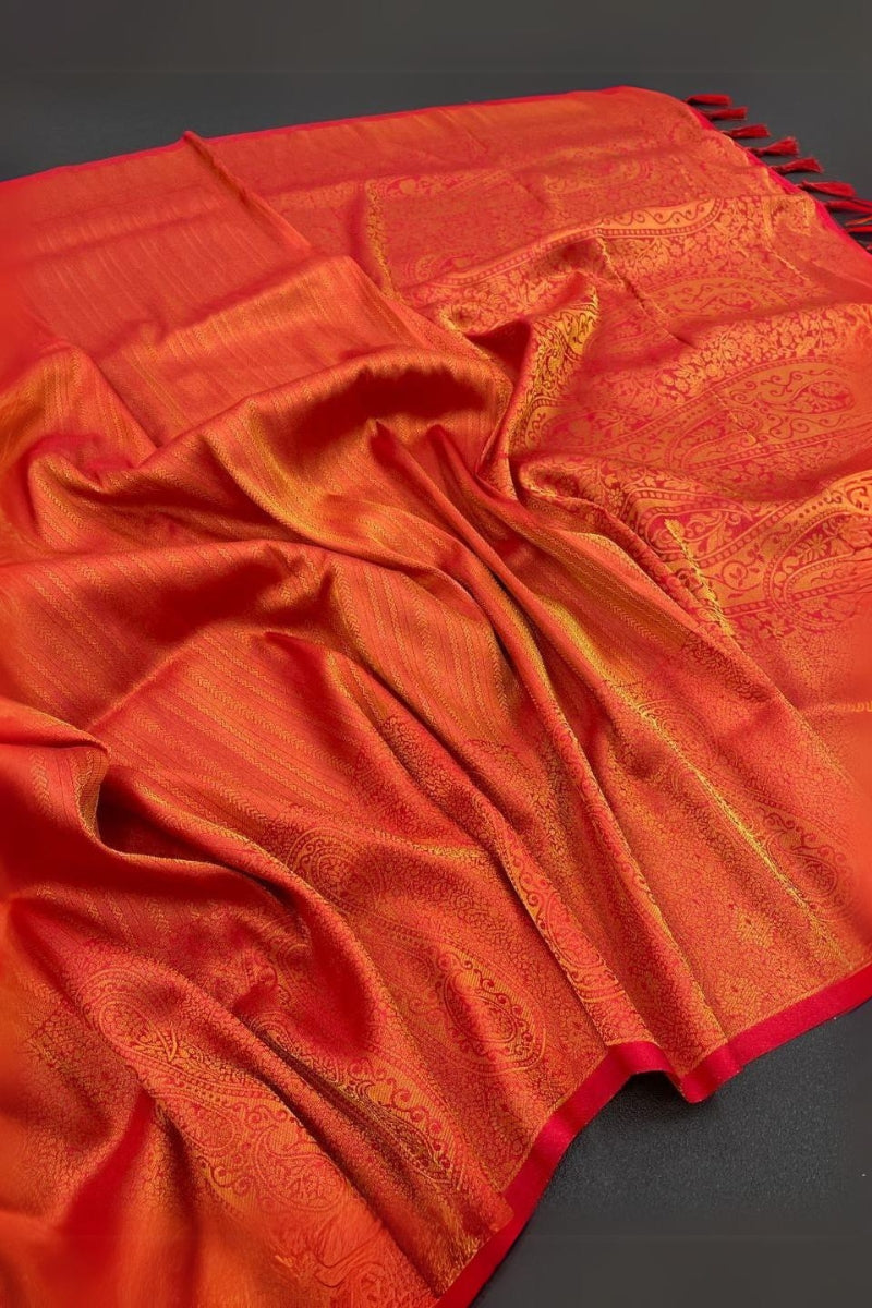 Forbearance Orange Kanjivaram Silk Saree With Diaphanous Blouse Piece