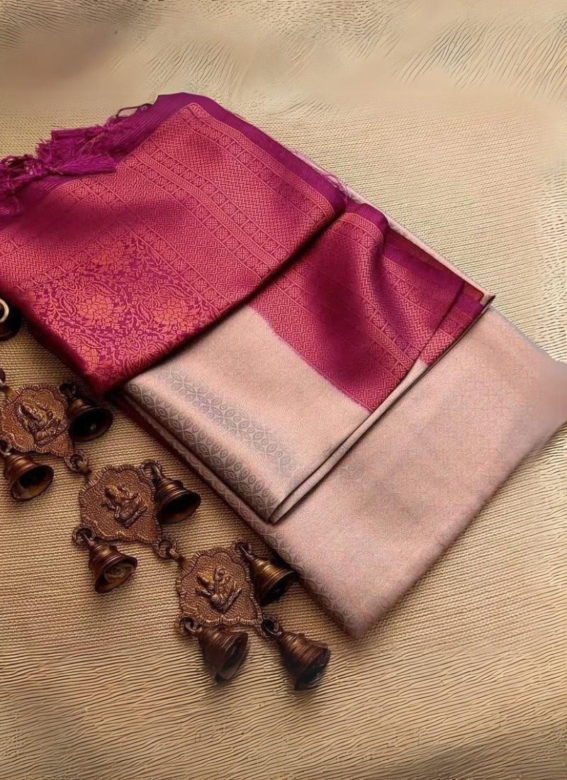 Effervescent Grey Kanjivaram Silk Saree With Blooming Blouse Piece