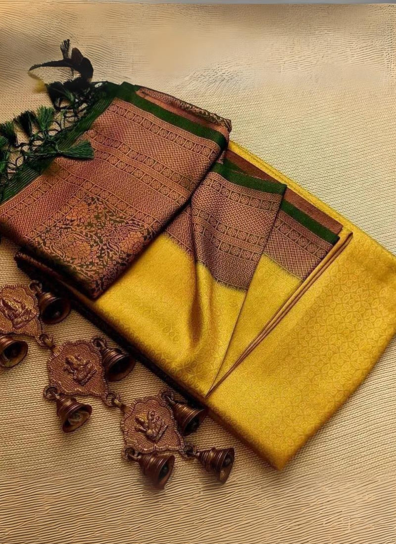 Desultory Yellow Kanjivaram Silk Saree With Elision Blouse Piece