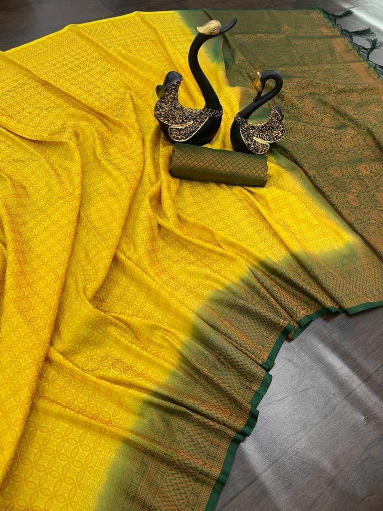 Desultory Yellow Kanjivaram Silk Saree With Elision Blouse Piece