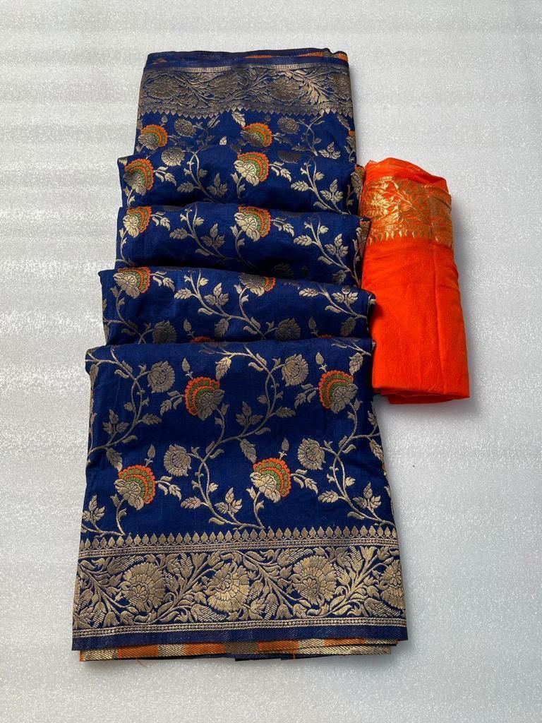 Demesne Navy Blue Soft Banarasi Silk Saree With Dazzling Blouse Piece
