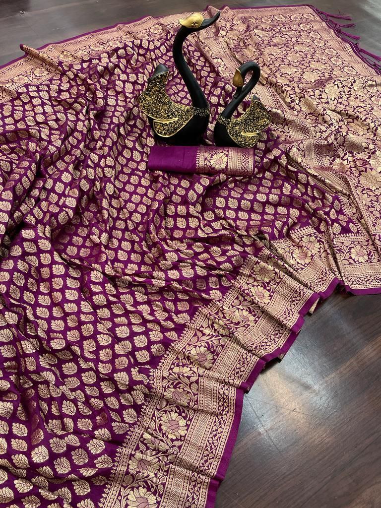 Ailurophile Purple Soft Banarasi Silk Saree With Fancifull Blouse Piece