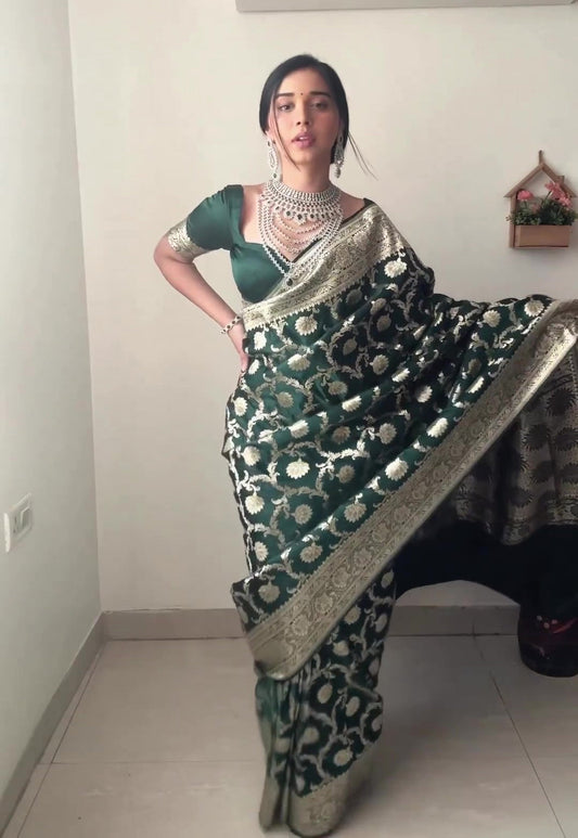 Sizzling 1-Minute Ready To Wear Green Soft Silk Saree