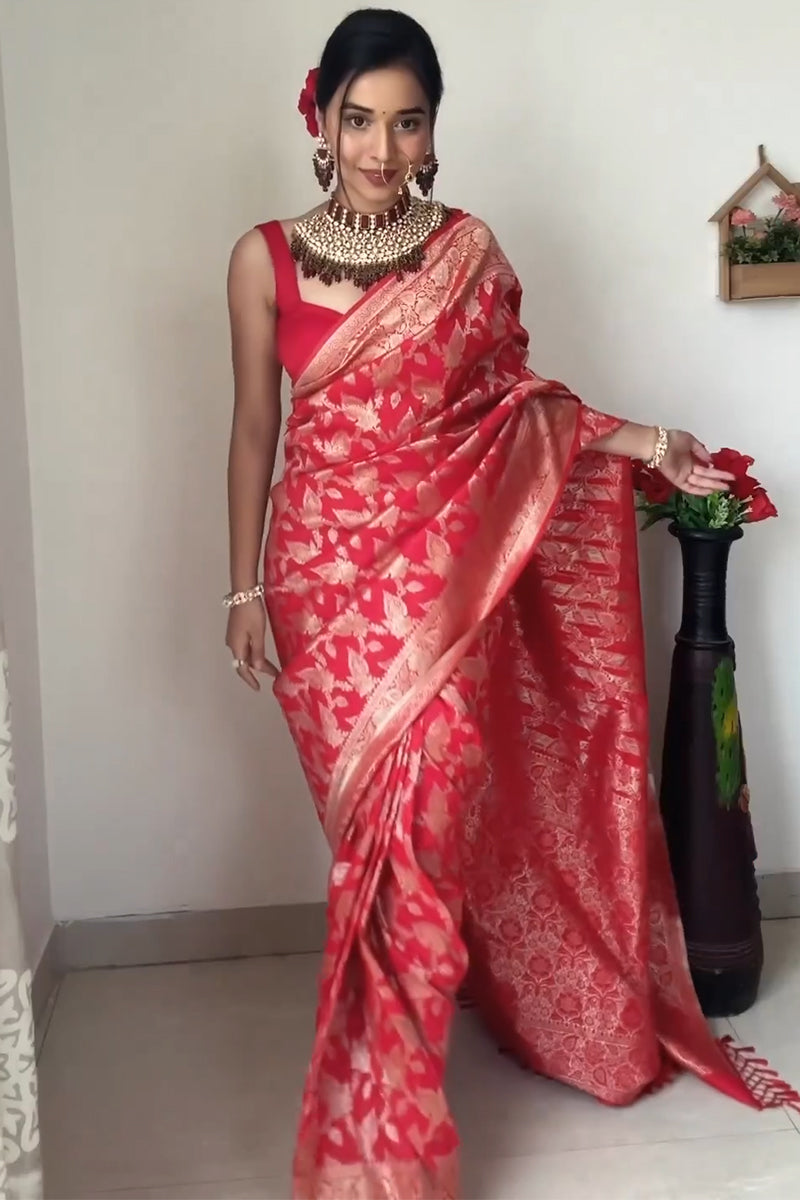 Classic 1-Minute Ready To Wear Red Soft Silk Saree