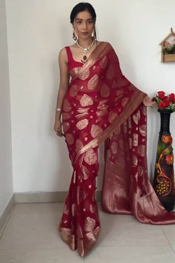 Delightful  1-Minute Ready To Wear Red Cotton Silk Saree