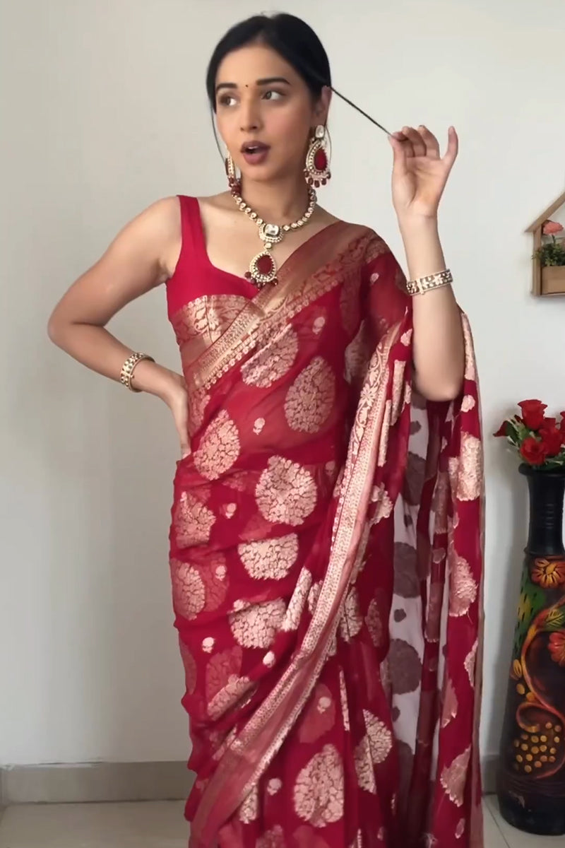 Delightful  1-Minute Ready To Wear Red Cotton Silk Saree