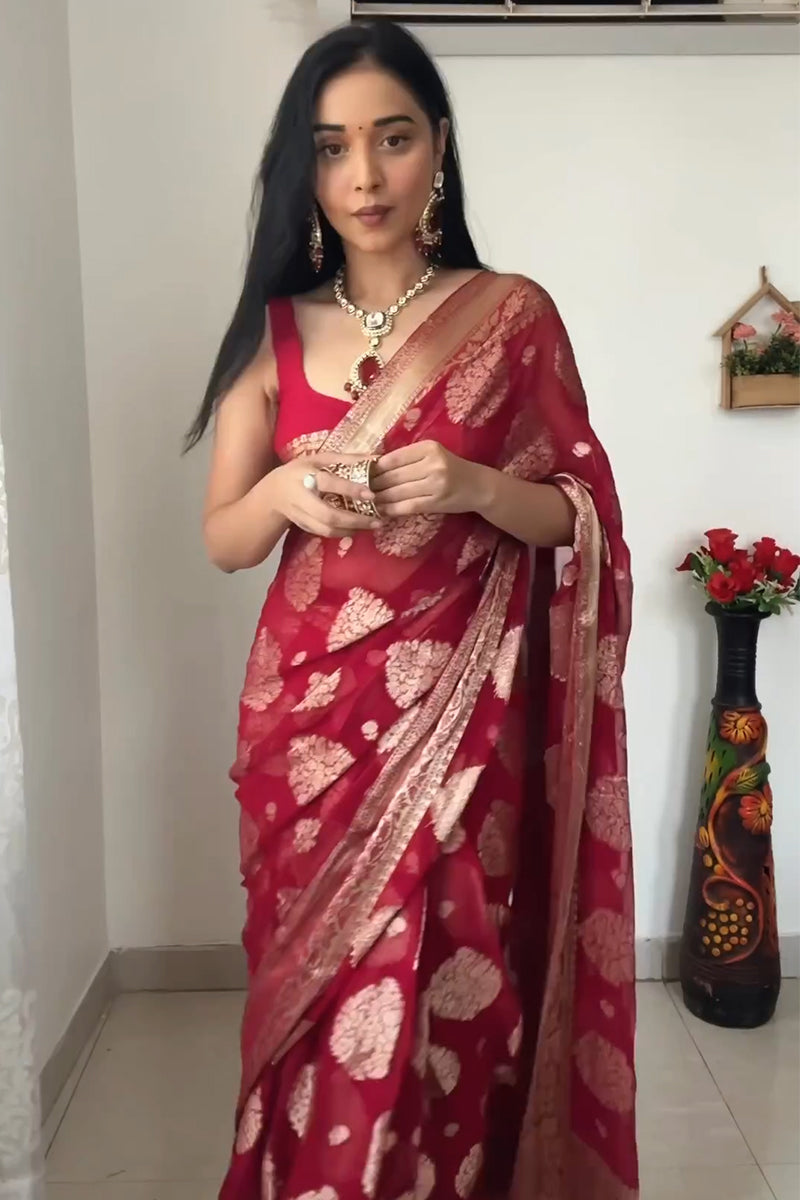 Delightful  1-Minute Ready To Wear Red Cotton Silk Saree