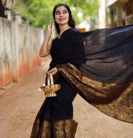 Surpassing Black Soft Silk Saree With Stylish Blouse Piece