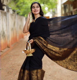 Surpassing Black Soft Silk Saree With Stylish Blouse Piece
