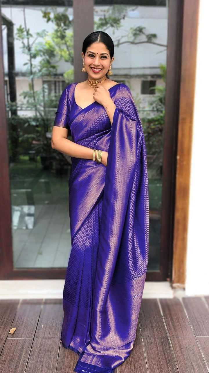 Assemblage Blue Soft Banarasi Silk Saree With Adoring Blouse Piece