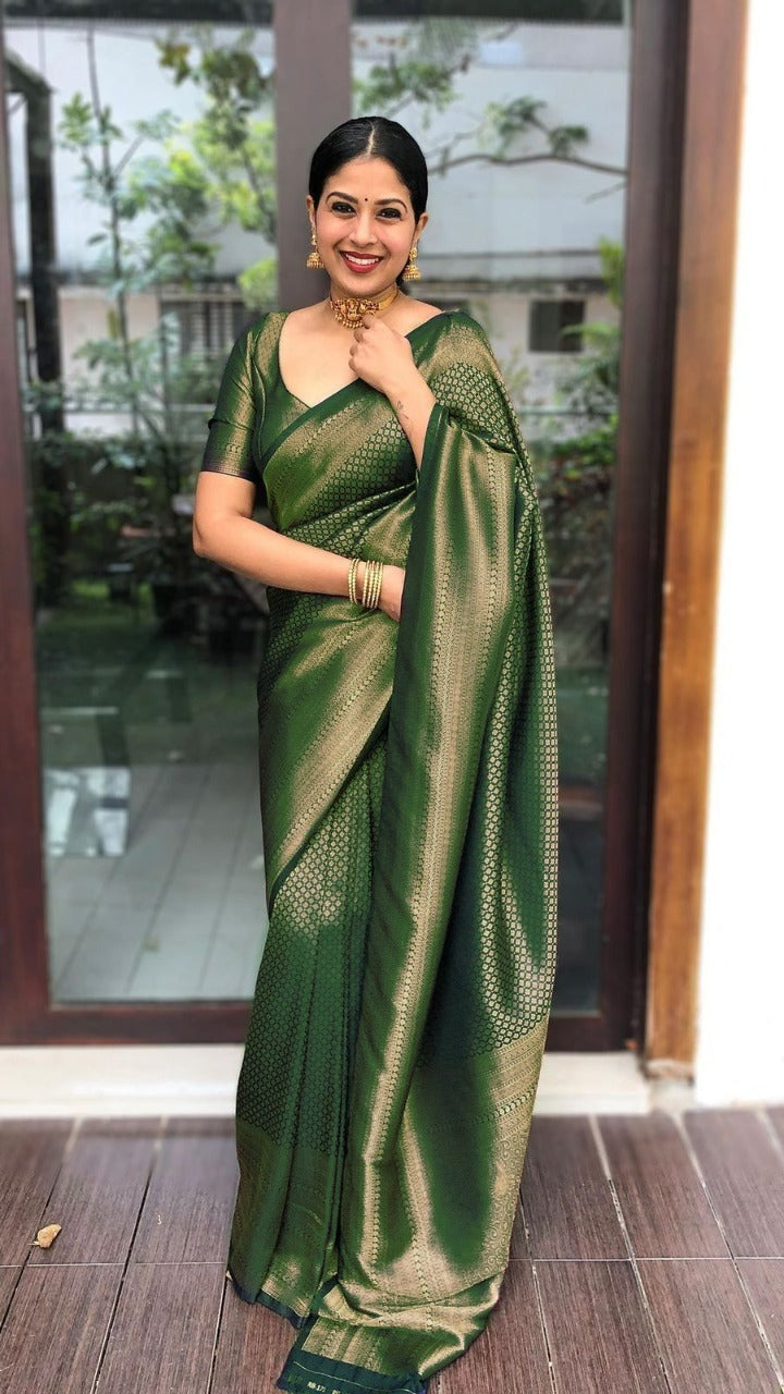Ailurophile Green Soft Banarasi Silk Saree With Beleaguer Blouse Piece