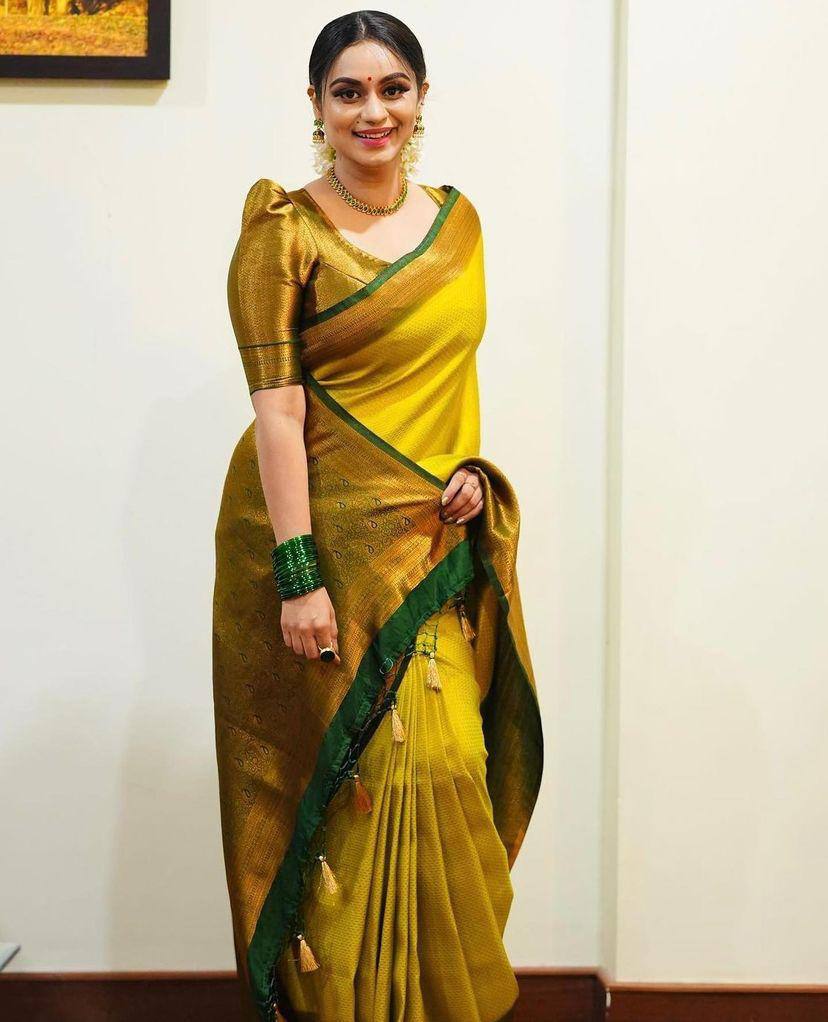 Wonderful Yellow Soft Banarasi Silk Saree With Girlish Blouse Piece