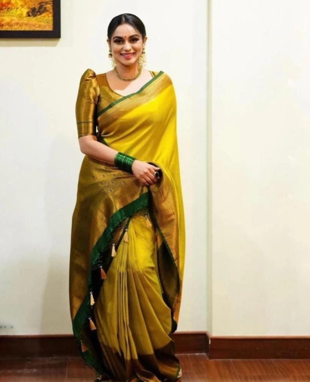 Wonderful Yellow Soft Banarasi Silk Saree With Girlish Blouse Piece