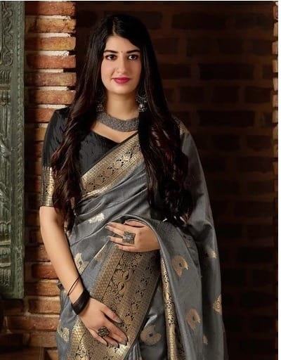 Desuetude Grey Banarasi Silk Saree With Panoply Blouse Piece