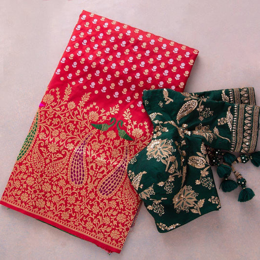 Jazzy Red Soft Banarasi Silk Saree With Demesne Two Blouse Piece
