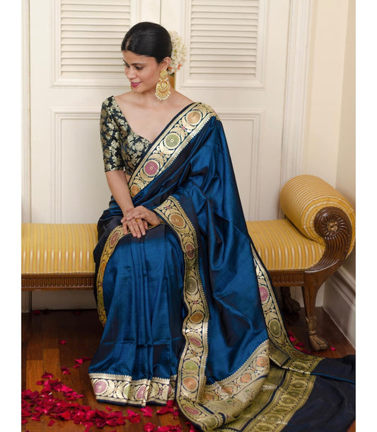 Ephemeral Navy Blue Soft Silk Saree With Gorgeous Blouse Piece