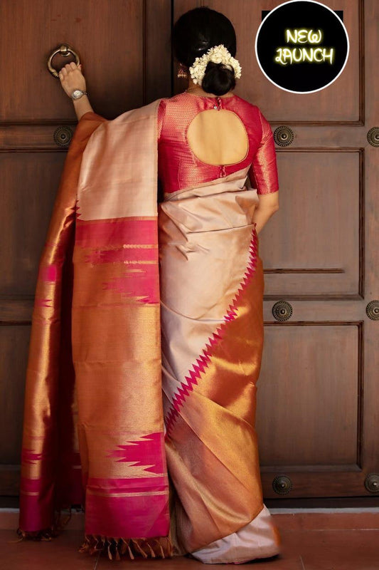 Splendorous Beige Soft Silk Saree With Snazzy Blouse Piece