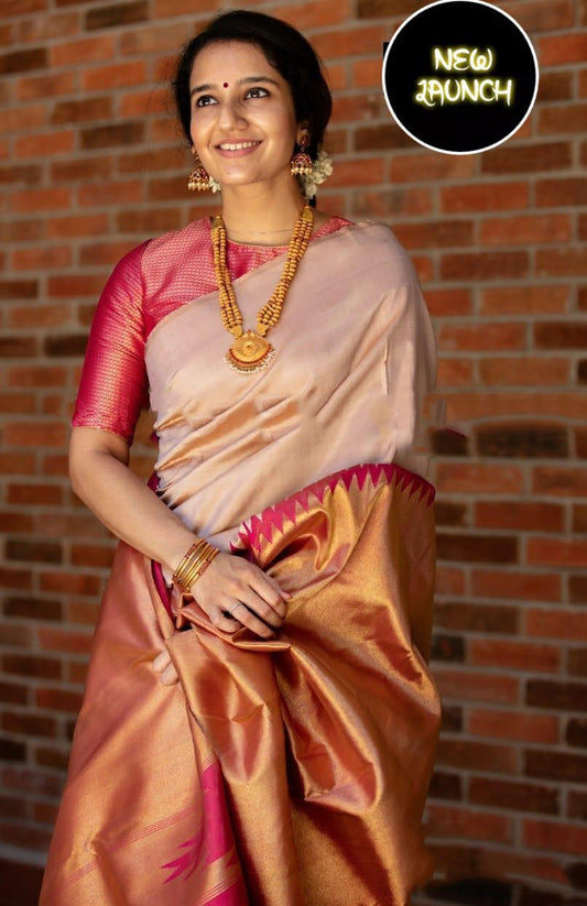 Splendorous Beige Soft Silk Saree With Snazzy Blouse Piece