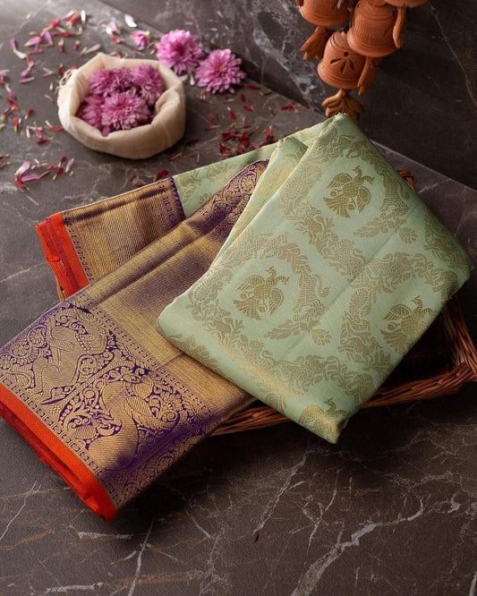 Staggering Sea Green Soft Banarasi Silk Saree With Divine Blouse Piece