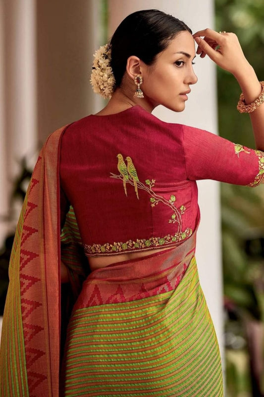 Lissome Mehndi Soft Silk Saree With Classic Two Blouse Piece