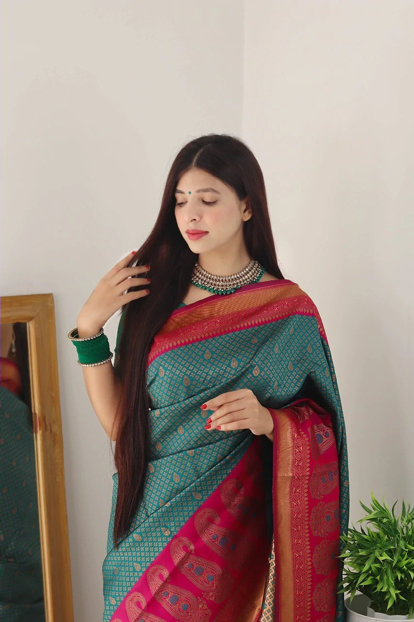 Jazzy Rama Soft Silk Saree With Luxuriant Blouse Piece