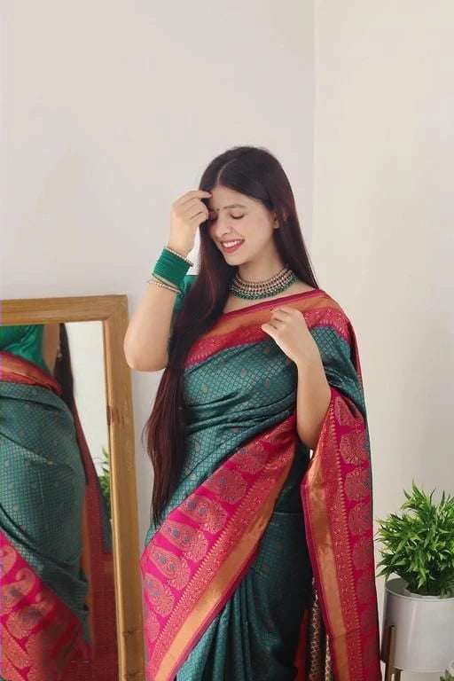 Jazzy Rama Soft Silk Saree With Luxuriant Blouse Piece