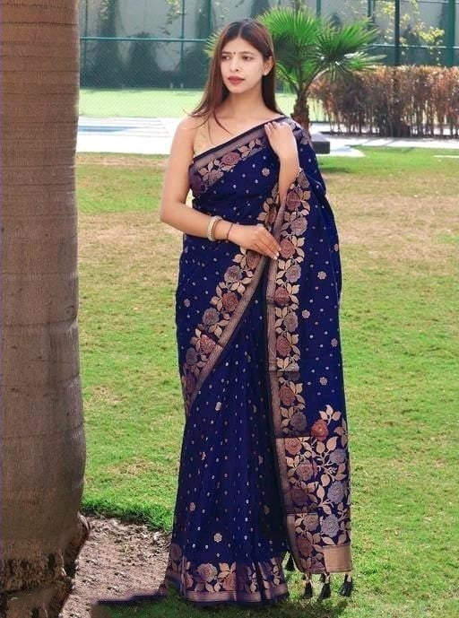 Petrichor Navy Blue Soft Banarasi Silk Saree With Super extravagant Blouse Piece