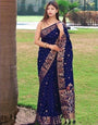 Petrichor Navy Blue Soft Banarasi Silk Saree With Super extravagant Blouse Piece