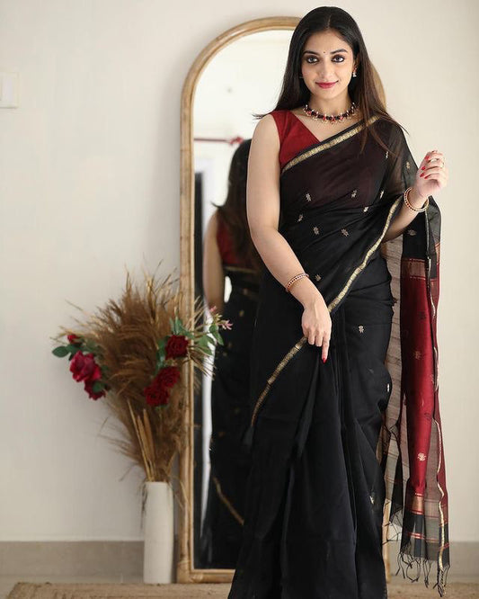 Artistic Black Cotton Silk Saree With Marvellous Blouse Piece