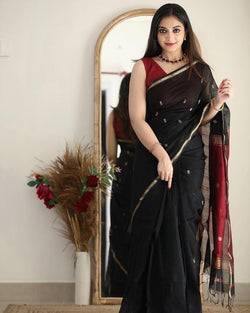 Artistic Black Cotton Silk Saree With Marvellous Blouse Piece