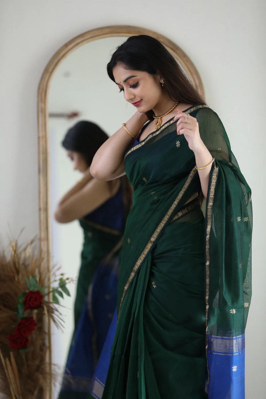 Fragrant Green Cotton Silk Saree With Classy Blouse Piece