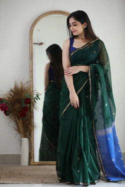 Fragrant Green Cotton Silk Saree With Classy Blouse Piece