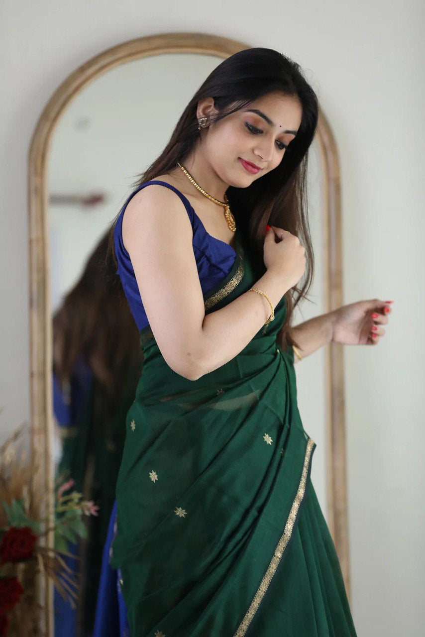 Fragrant Green Cotton Silk Saree With Classy Blouse Piece