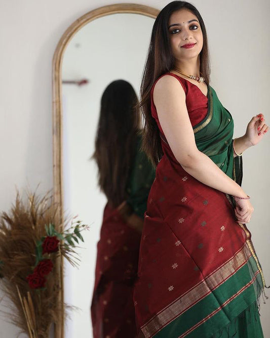 Snazzy Green Cotton Silk Saree With Prodigal Blouse Piece