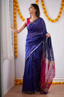Woebegone Navy Blue Cotton Silk Saree With Mesmerising Blouse Piece