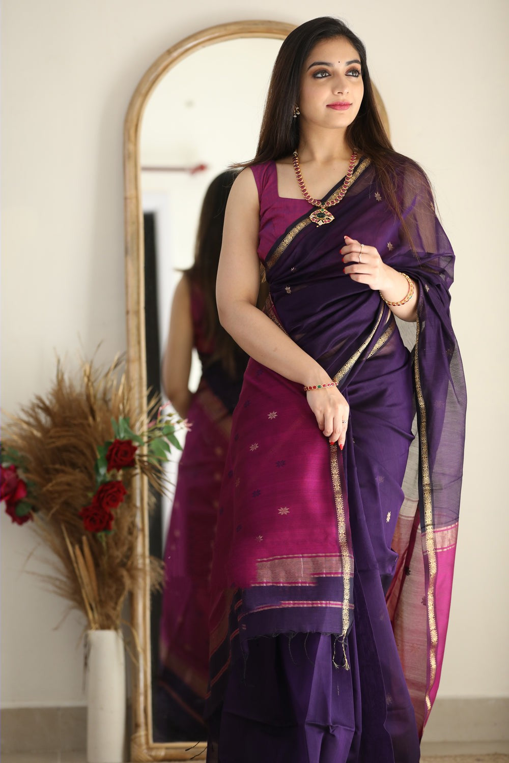 Luxuriant Purple Cotton Silk Saree With Elision Blouse Piece