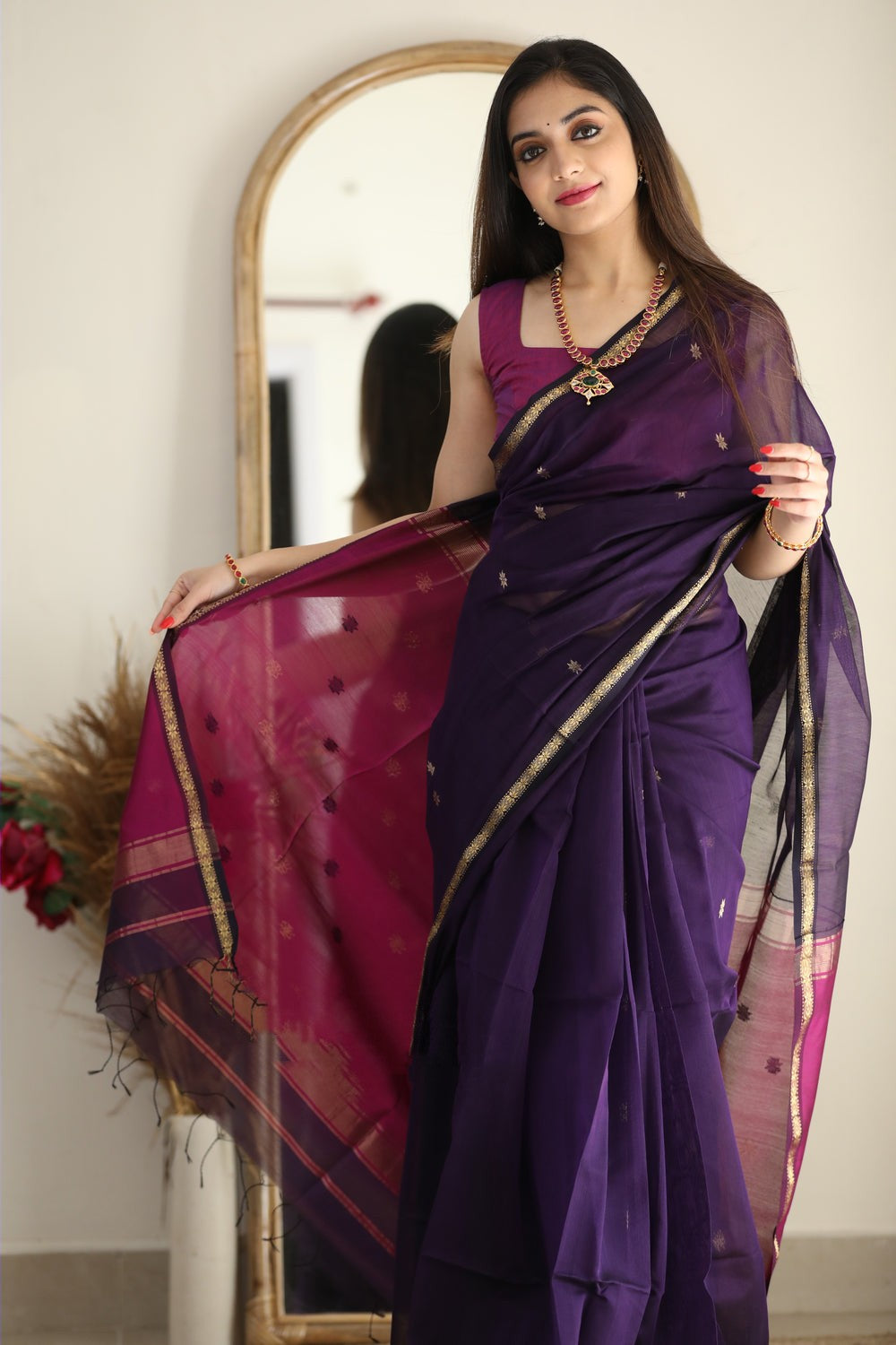 Luxuriant Purple Cotton Silk Saree With Elision Blouse Piece
