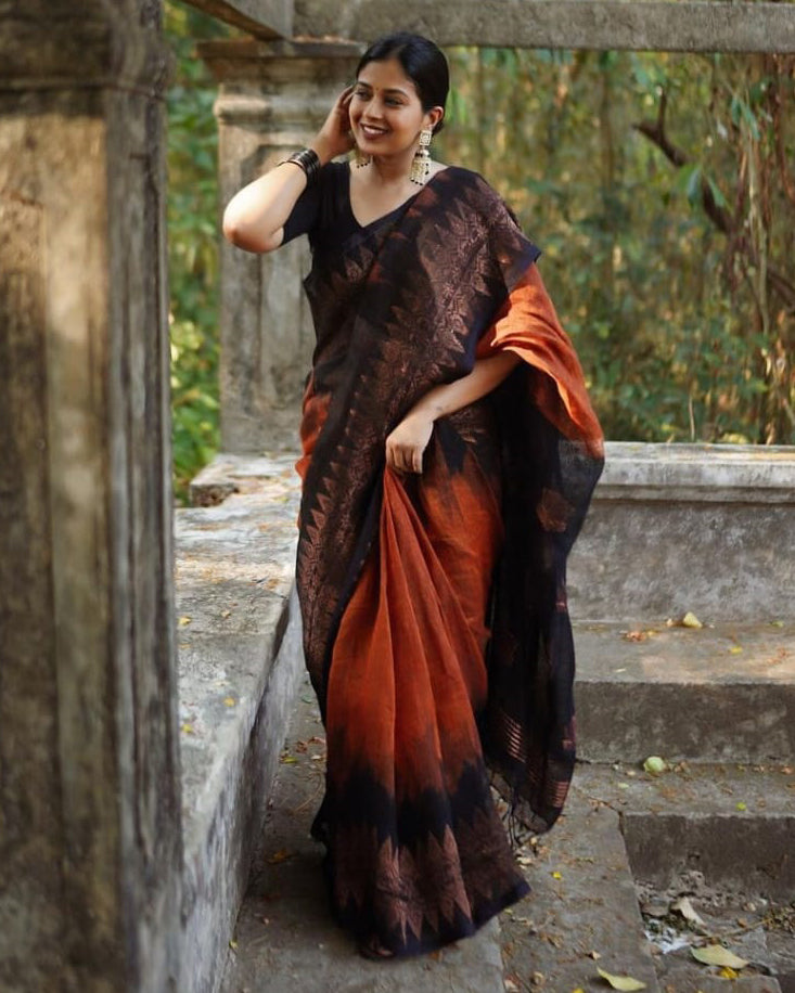 Elision Orange Soft Silk Saree With Dalliance Blouse Piece