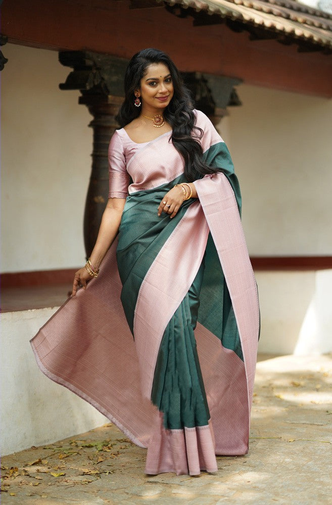 Glorious Dark Green Soft Silk Saree With Gorgeous Blouse Piece