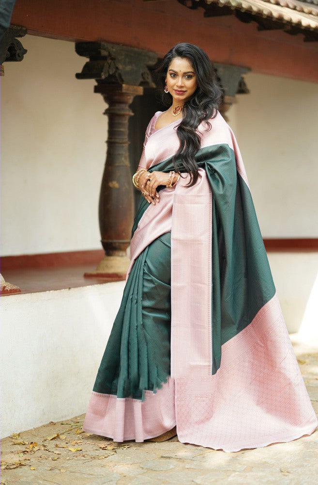 Glorious Dark Green Soft Silk Saree With Gorgeous Blouse Piece