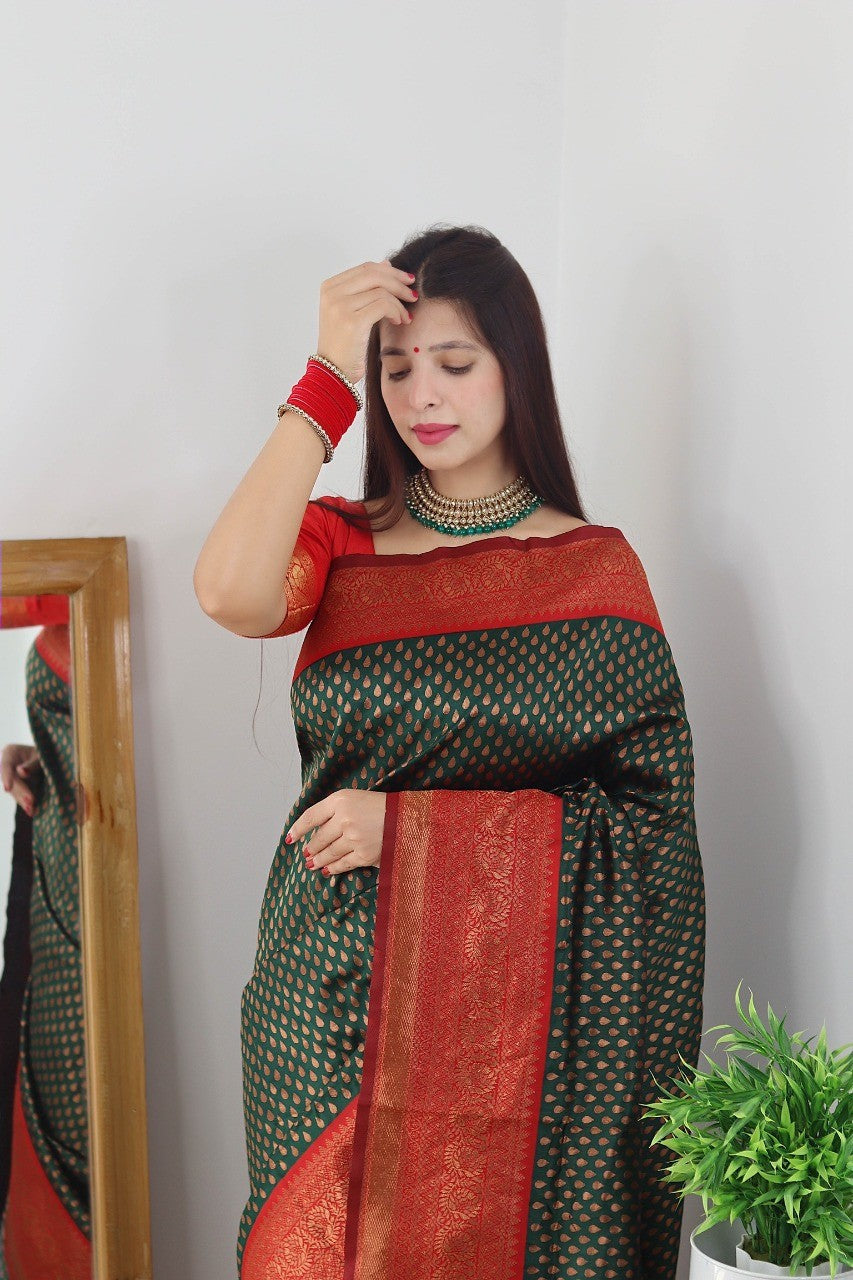 Pleasurable Dark Green Soft Silk Saree With Seraglio Blouse Piece