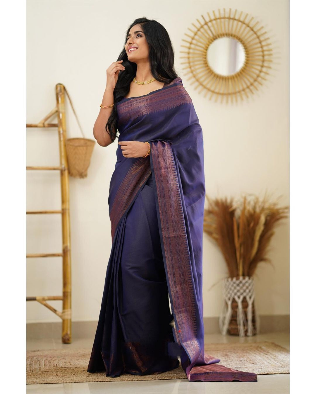 Dissemble Navy Blue Soft Silk Saree With Gossamer Blouse Piece